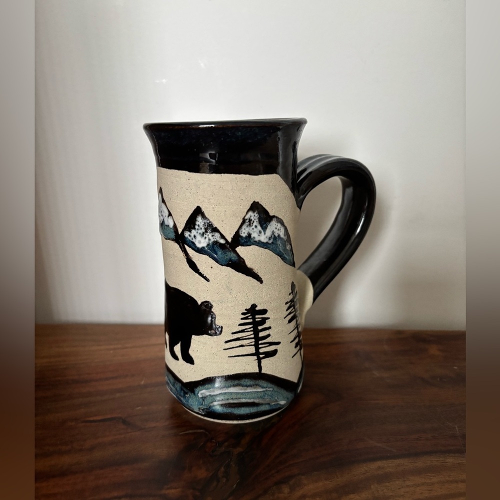 Handmade Studio Pottery Bear Mountain Mug Rustic Stoneware Cabin Coffee Mug